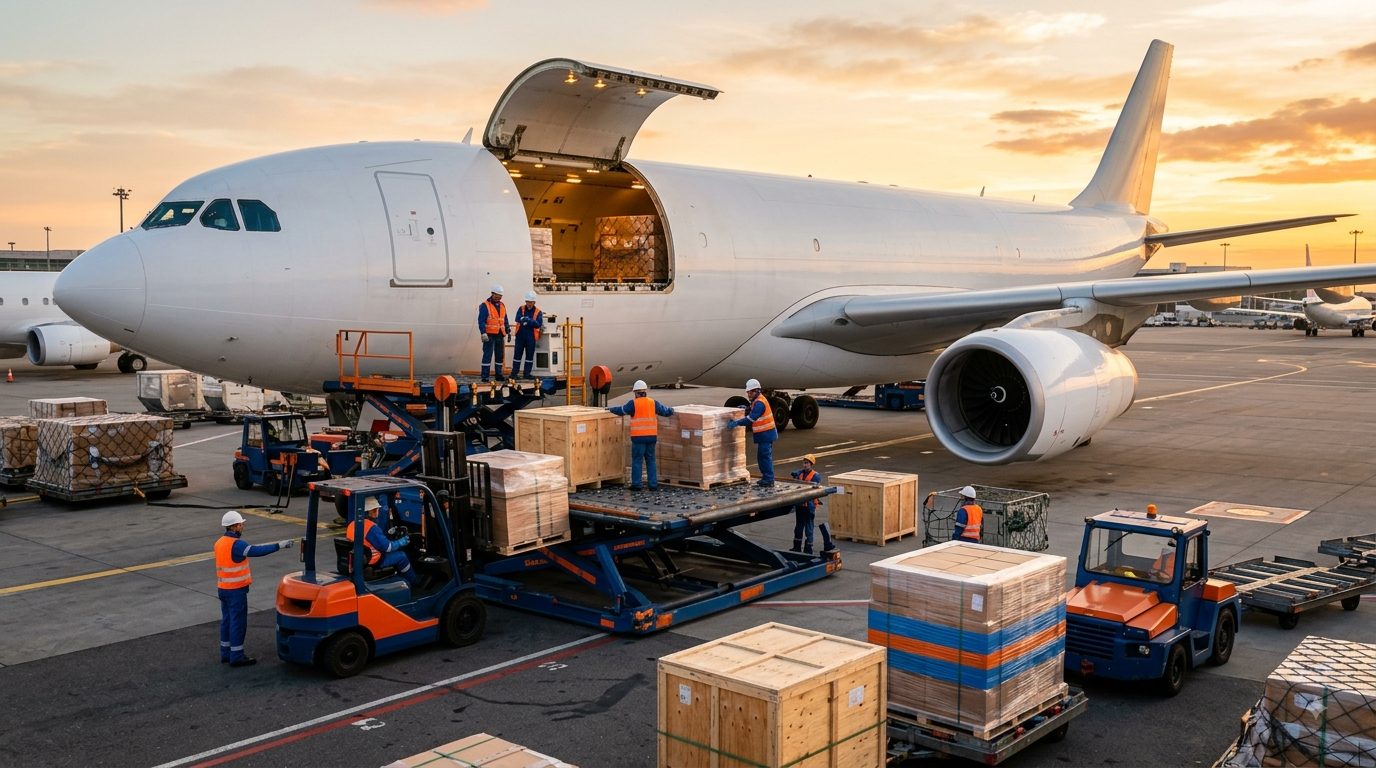 Air import and export cargo loading at airport terminal